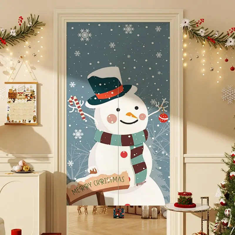 VIKAMA Christmas Door Curtain Blue Snowman Hat Scarf Candy Cane Ornament Print Noren For Entryway Kitchen Bedroom Living Decor