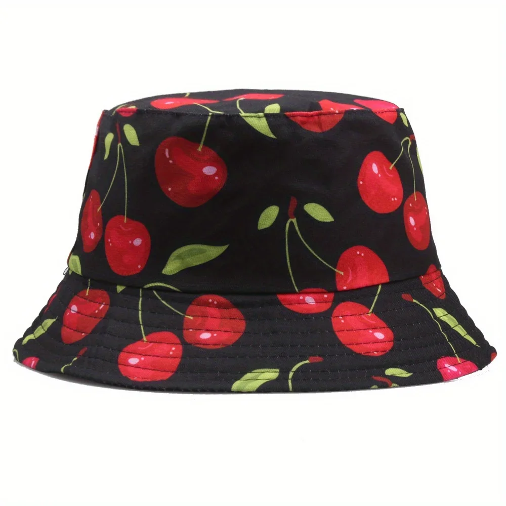 Cherry Print Bucket Hat Panama Foldable Breathable Sun Protection Fisherman Hats For Men Women Summer Sports Hiking Beach Cap