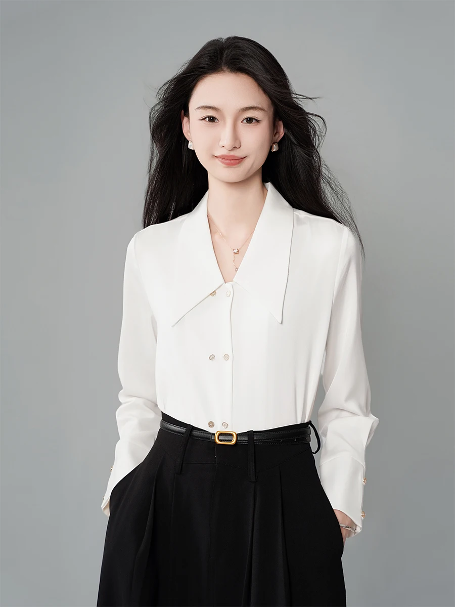 

Achu Pure Simple White Satin Flip-Collar irt Women's oulder-Line Profional Interview Commute Top Straight Cut Long Sve