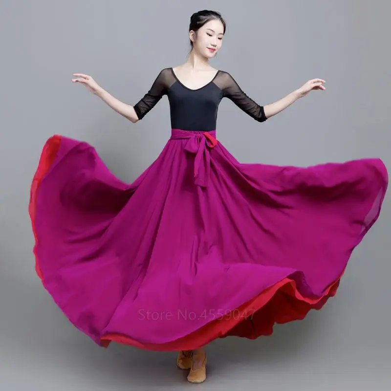 Women Spanish Flamenco Skirt Dance Practice Wear Two Colors On Both Sides Lacing Long Big Swing Performance Gypsy Lady Belly