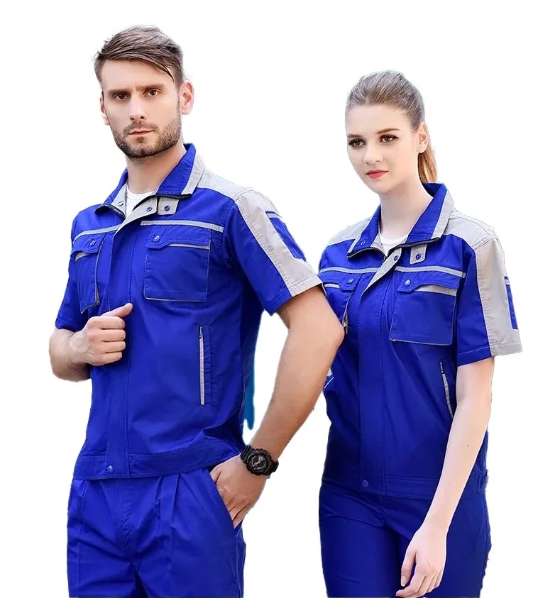 Men Women Summer Workwear Factory Workshop Uniforms Work Clothes Set Short-sleeve Coveralls Contrast Color Safety Reflective