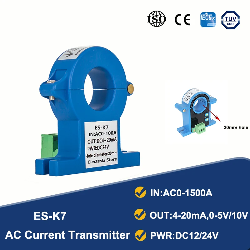 

Hall Open Loop Split Core Transducer AC Current Sensor 0-1500A Input 0-10V 4-20mA Output 20mm Hole Current Transmitter