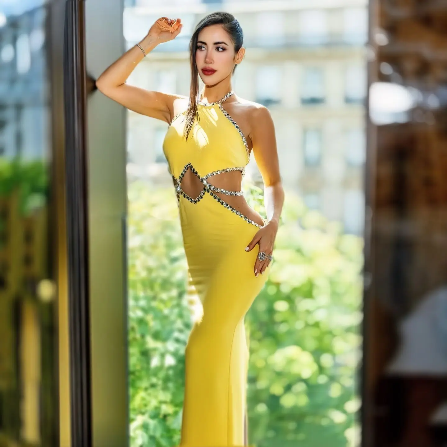 

2023 New Yellow Women Sexy Off the Shoulder Crystal Bodycon Bandage Long Dress Hollow Out Celebrity Red Carpet Dress