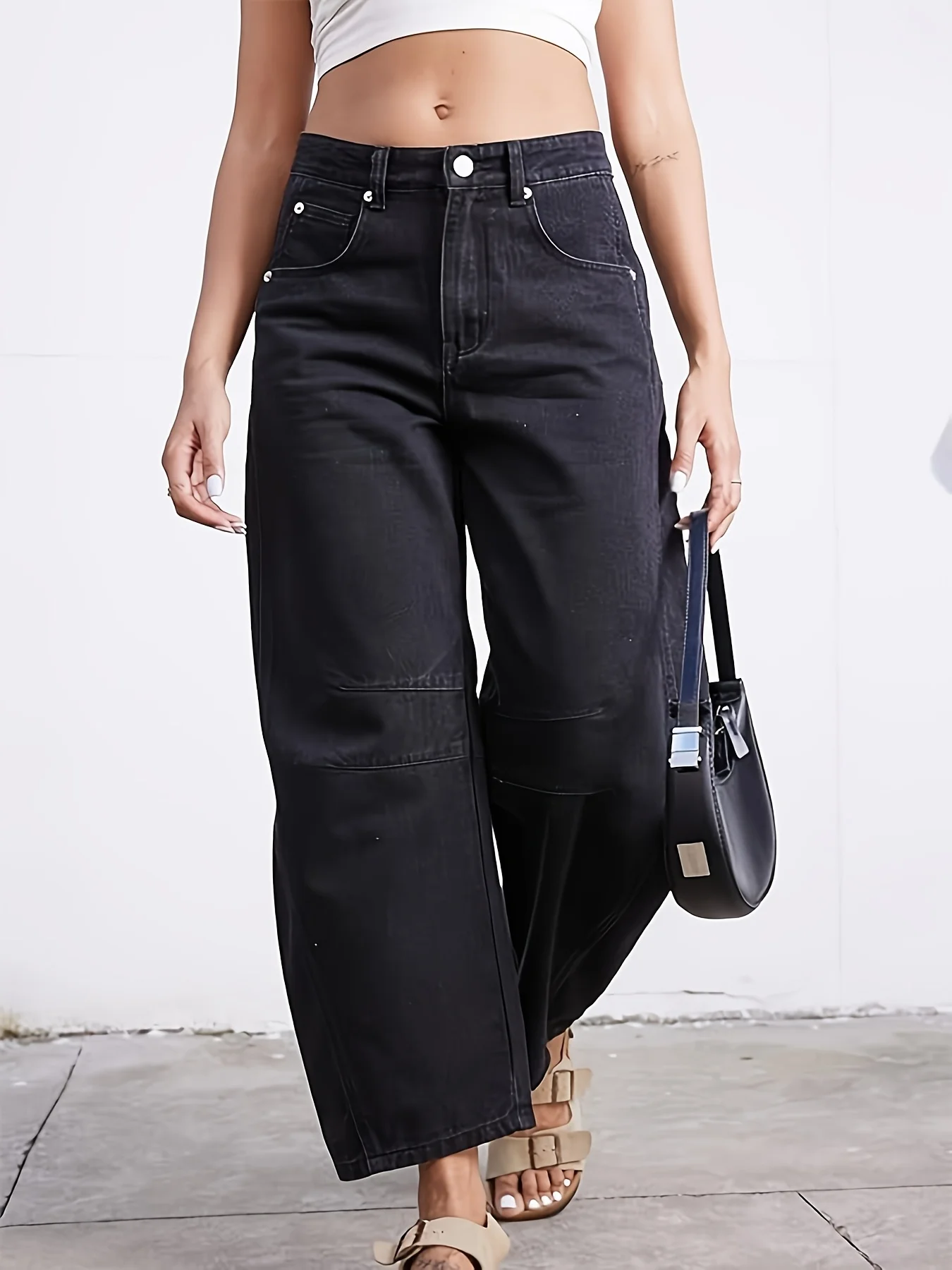 

Women's fashionable and casual basic style, black high waisted loose wide leg straight leg jeans