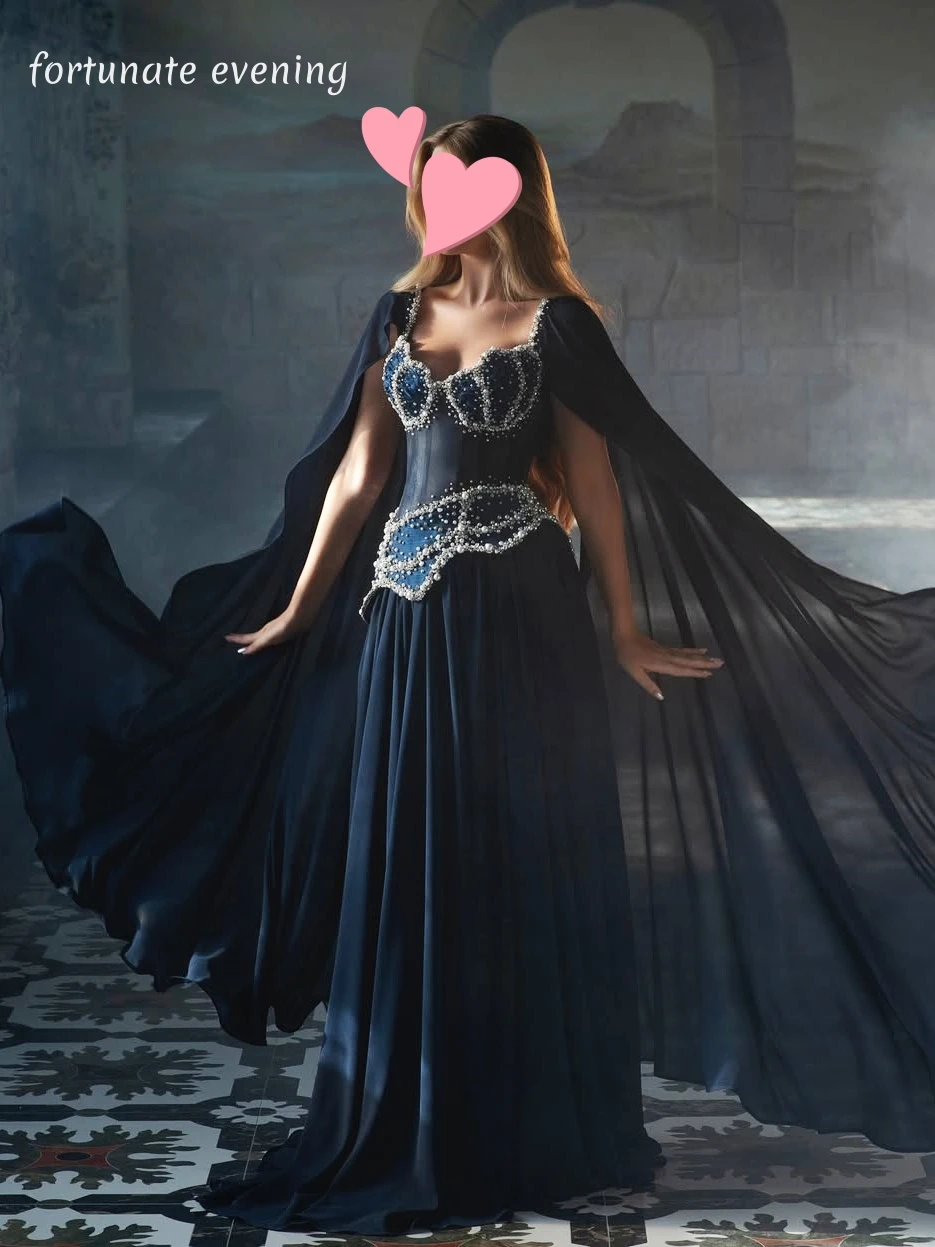 

Fortunate Evening Elegant Vintage Sexy Navy Blue Pearls Beads Chiffon Customized Formal Occasion Prom Dress Evening Party Gowns