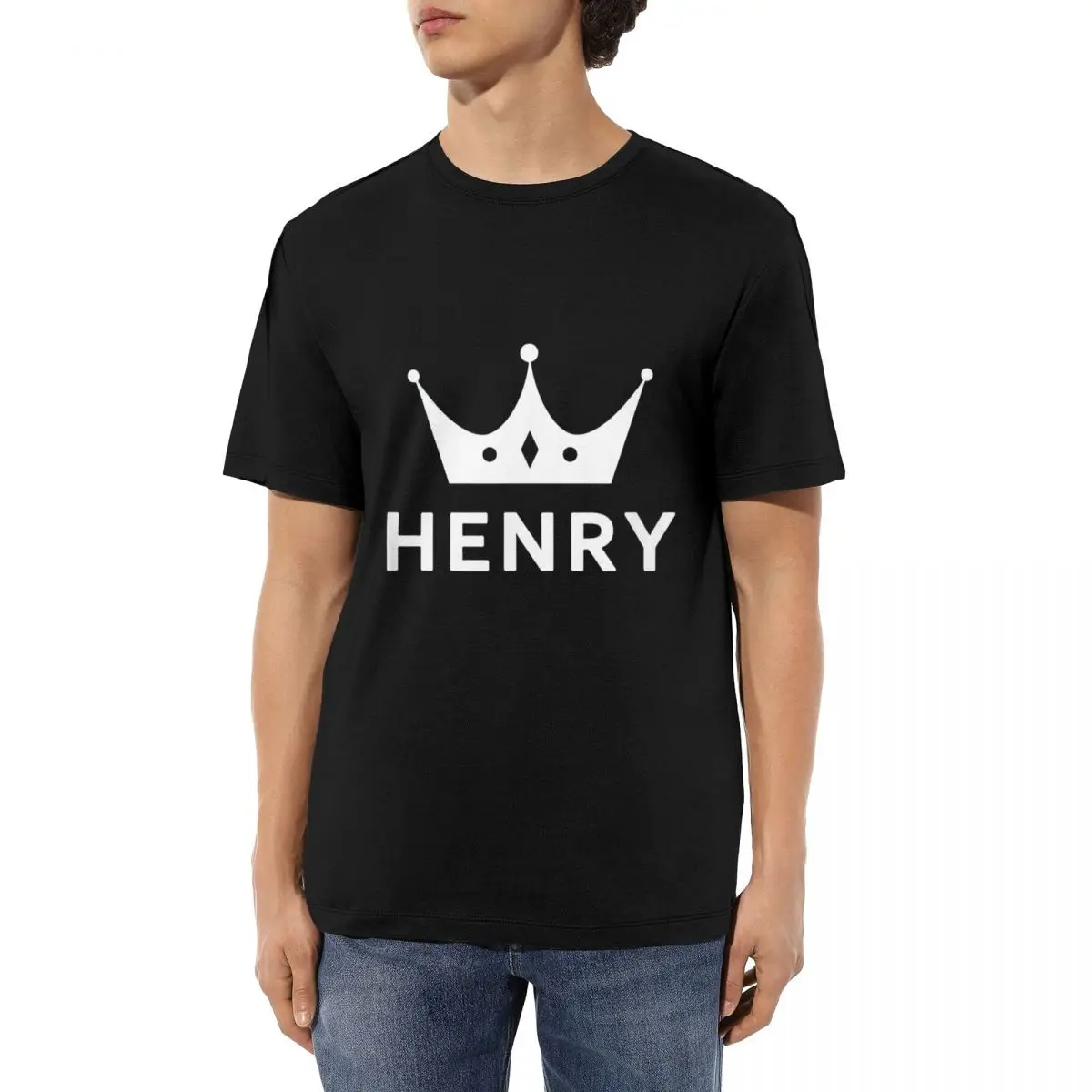 

Men's Black Henry Crown Graphic T-shirt, King of My Own World Letter Print Tee, Unique Personalized Casual Tops for Guys