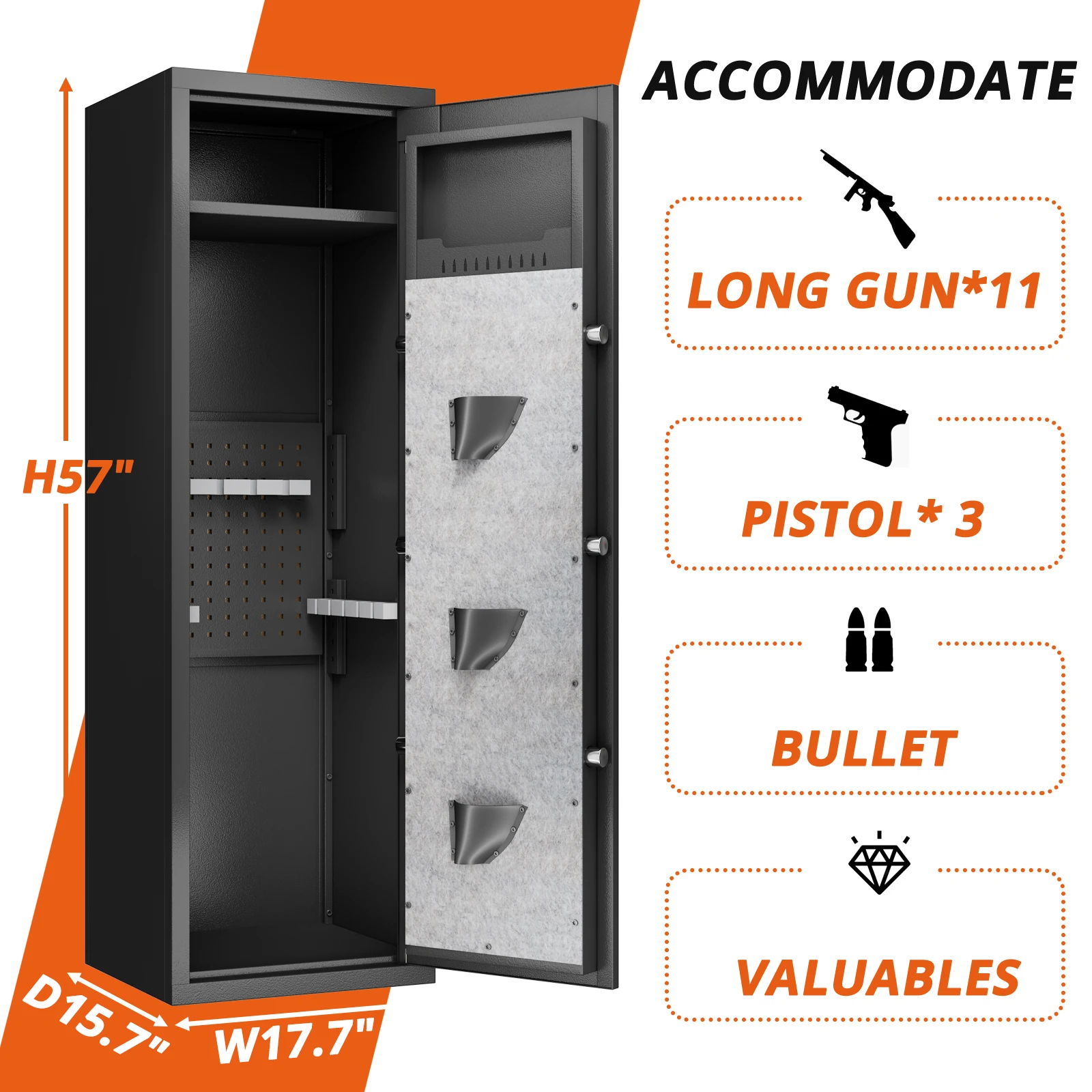 10-15 Gun Safe Cabinet with 3 Pistol Pouches,Biometric Large Gun Cabinet Locker Tall Heavy-Duty Gun Safe for Home Rifle Pistol