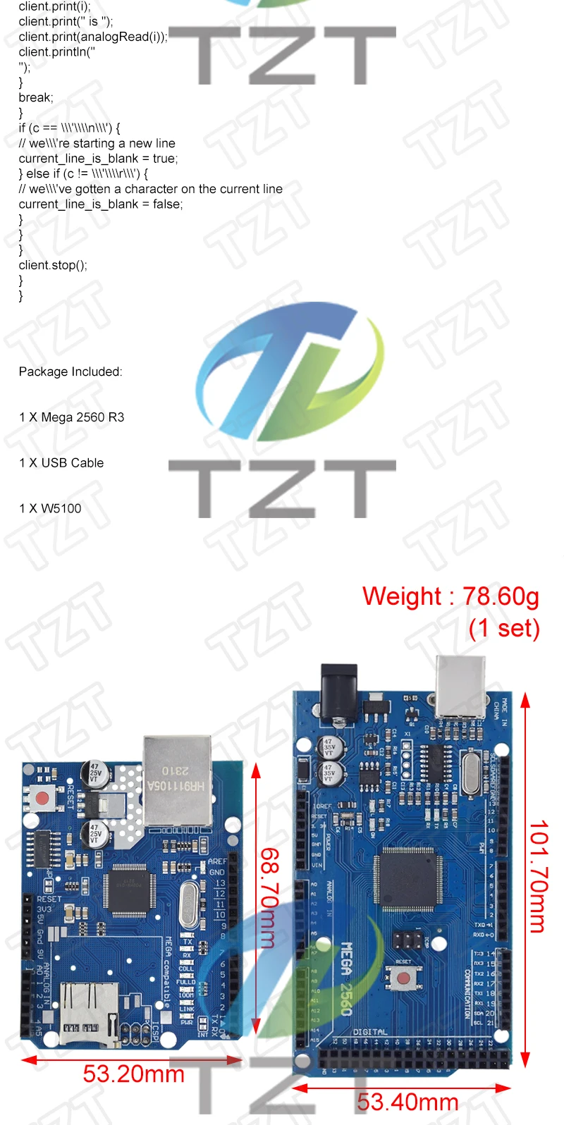TZT UNOR3 Ethernet W5100 Netzwerkerweiterungsplatine SD-Karte Schild für Arduino mit Mega 2560 R3 Mega2560 REV3 – Detail 4