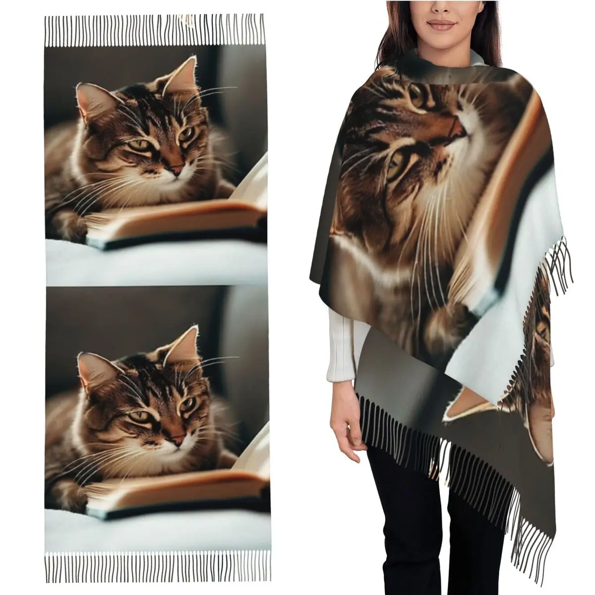 

Chill Like Cat - Книги для чтения кошек - Шарф для любителей кошек Шарфы с кисточками для женщин Шали и накидки Большая осенне-зимняя шаль