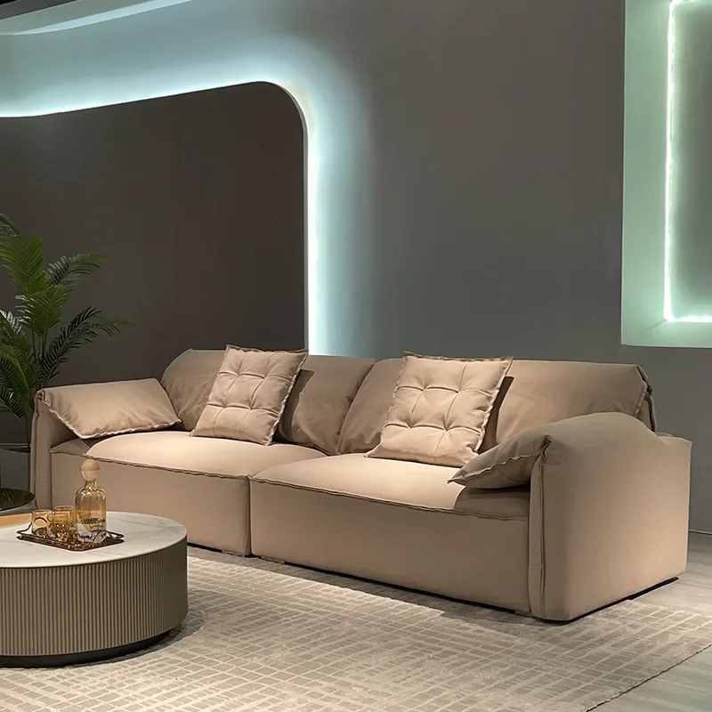 Italian light luxury minimalist fully frosted leather elephant ear sofa, straight row down medium thick first layer