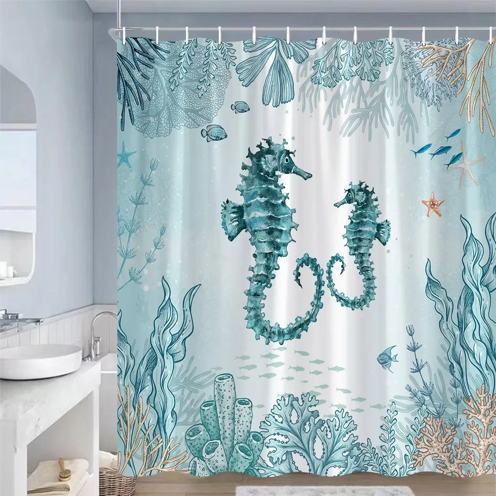 Ocean Animals Shower Curtains Sea Turtles Starfish Coral Seaweed Underwater Scenery Polyester Bathroom Curtain Decor with Hooks