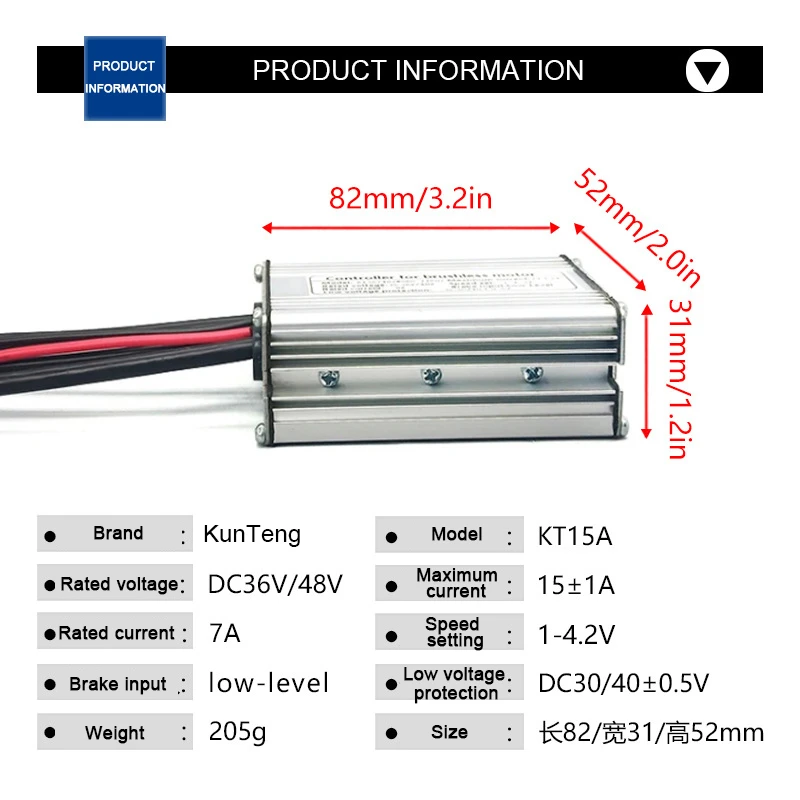 Original KunTeng 36/48V Controller E-bike 6-tube KT-15A Square Wave Controller Waterproof Plug with Light Wire,refit Accessory