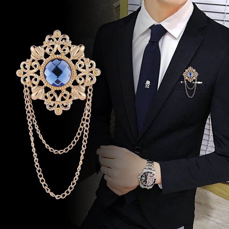 Retro Palace Edelstein Brosche Herren Anzug Pin Vintage Strass Kreuz Quaste Anstecknadeln mit Kette Abzeichen Luxus Schmuck Zubehör – Detail 1