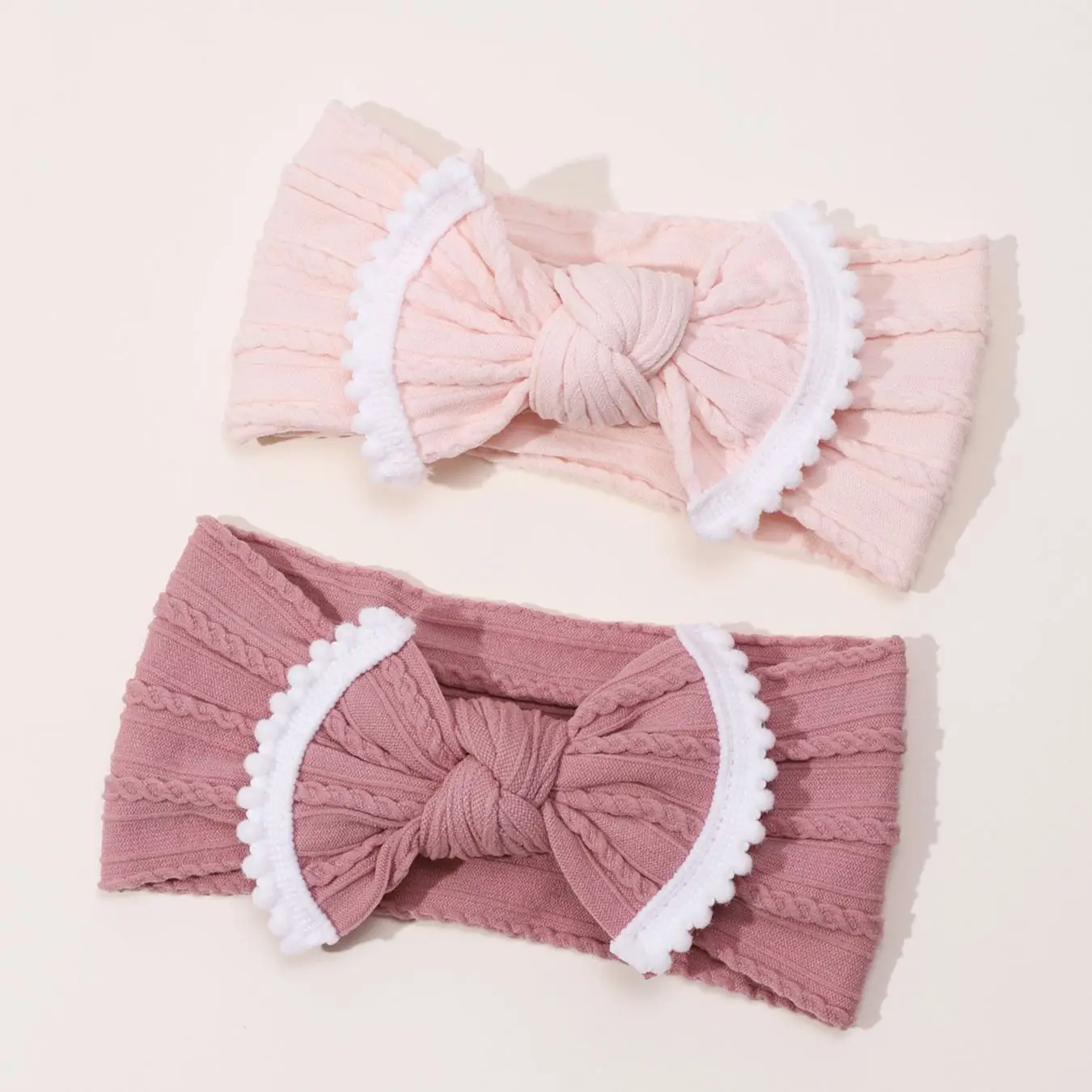 2Pcs/Lot Cable Knit Baby Headbands Pink Series Elastic Bowknot Hairball Edge Hair Bands For Newborn Girls Kids Hair Accessories