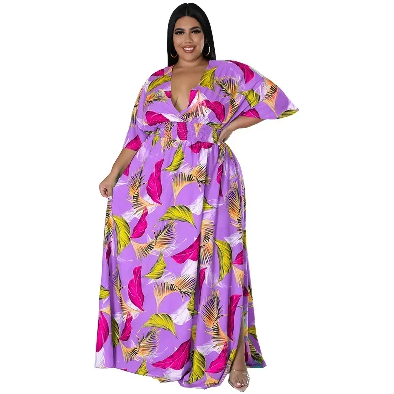 MY967- European and American plus size women's clothing 2025 summer new product deep V-neck printed multi-color dress, fat MM