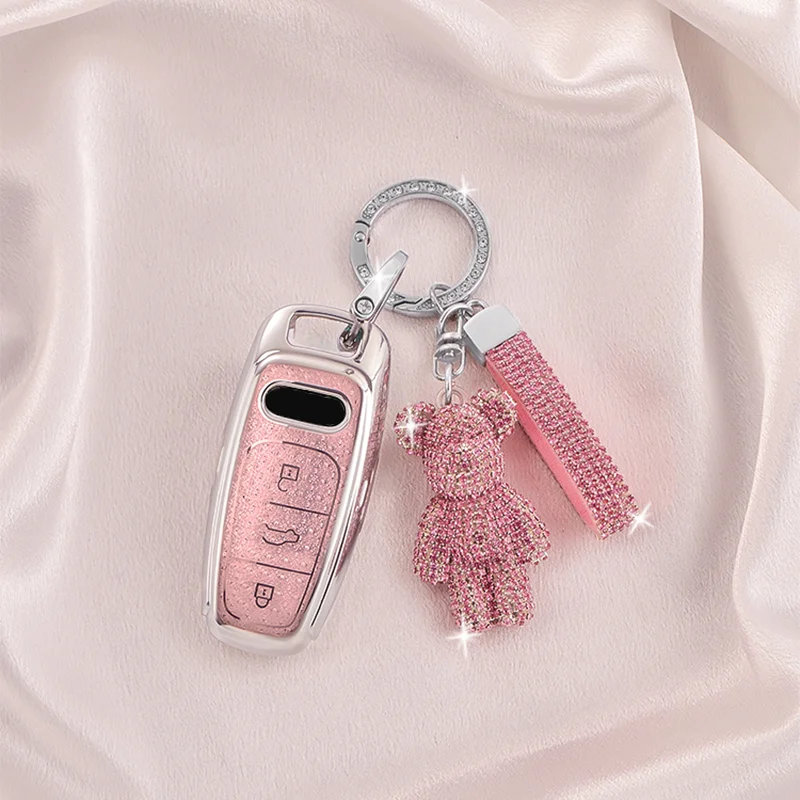 Pink Diamond Damen für Audi Q8 C8 A6 A7 A8 2018 2019 2020 2021, ferngesteuerte Autoschlüsselhülle, Tasche, Schlüsselanhänger, Zubehör