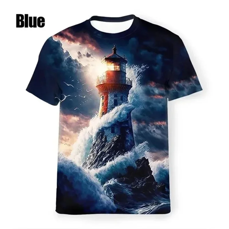 Lighthouse Pattern T-Shirt For Men Personality 3D Printed Tees Casual Streetwear Round Neck Top T Shirts Oversized Short Sleeves