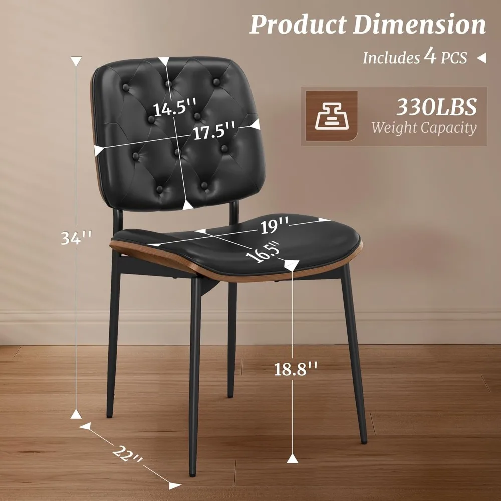 

"Set of 4 Mid-Century Dining Chairs - PU Leather w/ Walnut Bentwood Back & Metal Legs"​