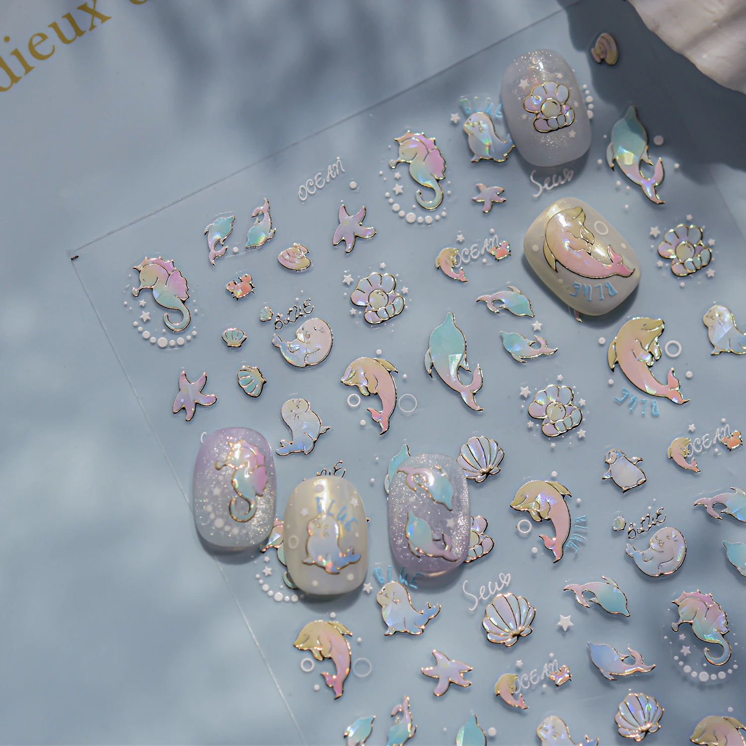 1PCS Embossed Ocean Series Nail Stickers Goldfish Mermaid Tail Shell Necklace Nail Accessories Starry Sea Elements Nail Parts