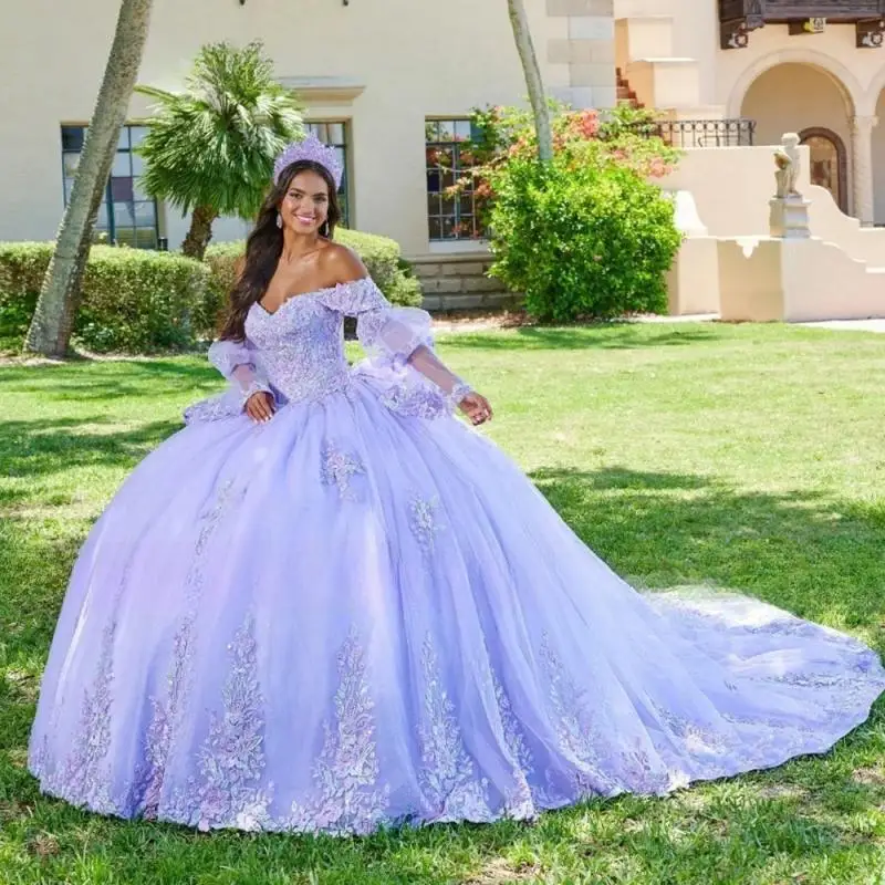 

Shiny Quinceanera Dresses Sleeveless Crystal Sequined Ball Gown Off The Shoulder Applique Lace Corset Vestidos Para XV