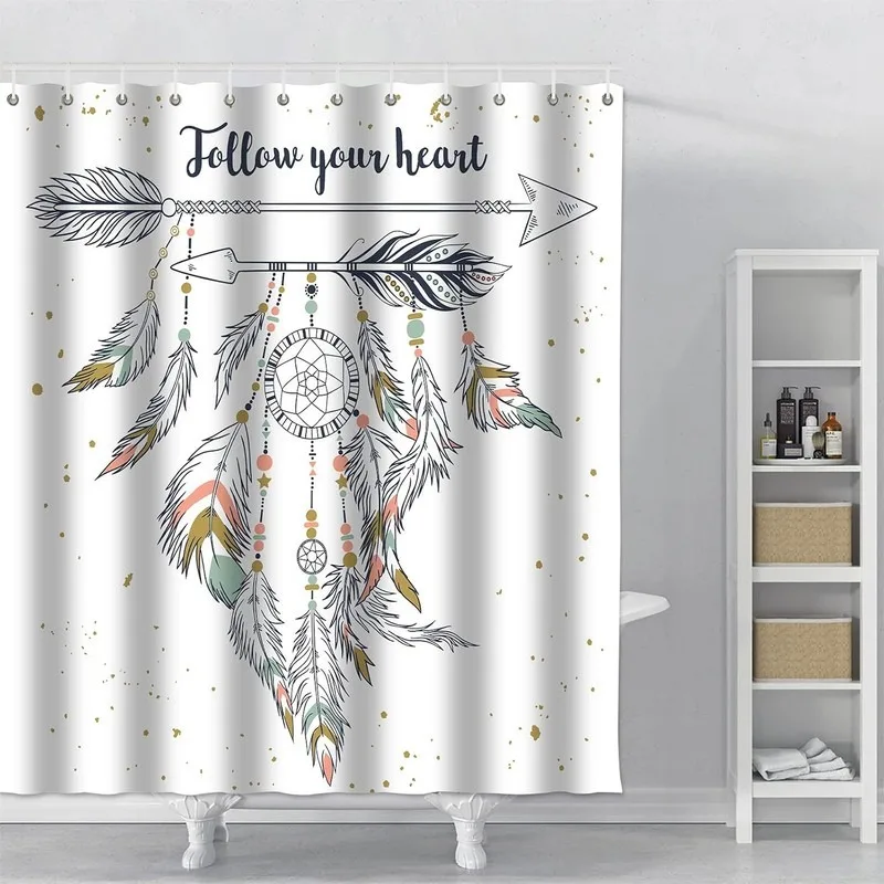 Boho Arrow Feather Dream Catcher Shower Curtain No Drill Waterproof Bathroom Curtain with 12 Hooks 72x72 Inch