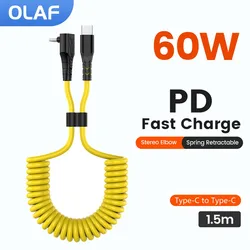 1.5m Spring Retractable Car Data Cable Elbow PD 60W USB C To Type C Fast Charging Cable For iphone 14 13 12 Samsung Xiaomi