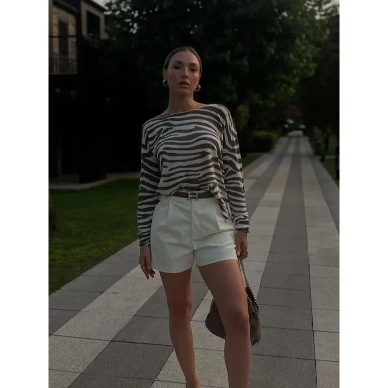 

Стильный вязаный пуловер с принтом зебры для женщин, повседневный, с круглым вырезом, длинными рукавами, свободный укороченный свитер, для ежедневных поездок и уличного стиля