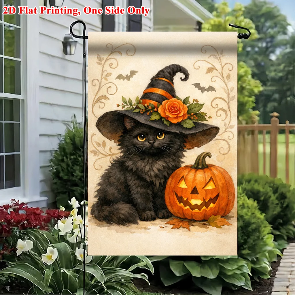 2D Garden Flag 1 Piece, Halloween Black Cat and Pumpkin Garden Flag, Durable Polyester Material, Suitable for Home and Yard Outdoor Decoration, Holiday Atmosphere Decoration, Size 11.8x17.7 Inches, Excluding Flagpole