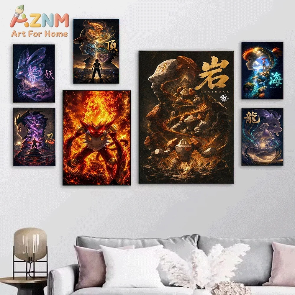 Anime Pokemon Zapdos Thunder Element Canvas Wall Art, Fantasy Character Silhouette Print, Frameless Canvas Painting for Bedroo