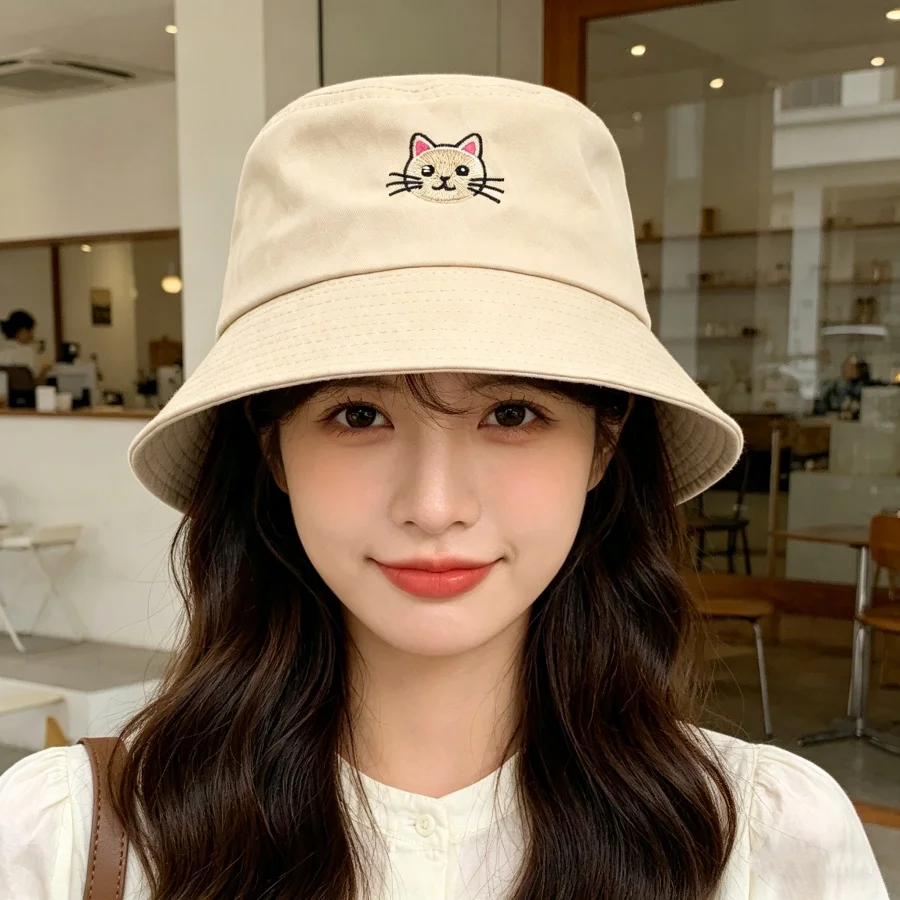 Korean-Style Soft Cute Cat Embroidered Fisherman's Hat for Women, Summer Sun Protection Bucket Hat, Versatile and Face-Slimming, Foldable, Suitable for Daily Casual Wear/Outdoor Sun Protection/Shopping Photoshoots/Commuting, Versatile Face-Slimming Hat