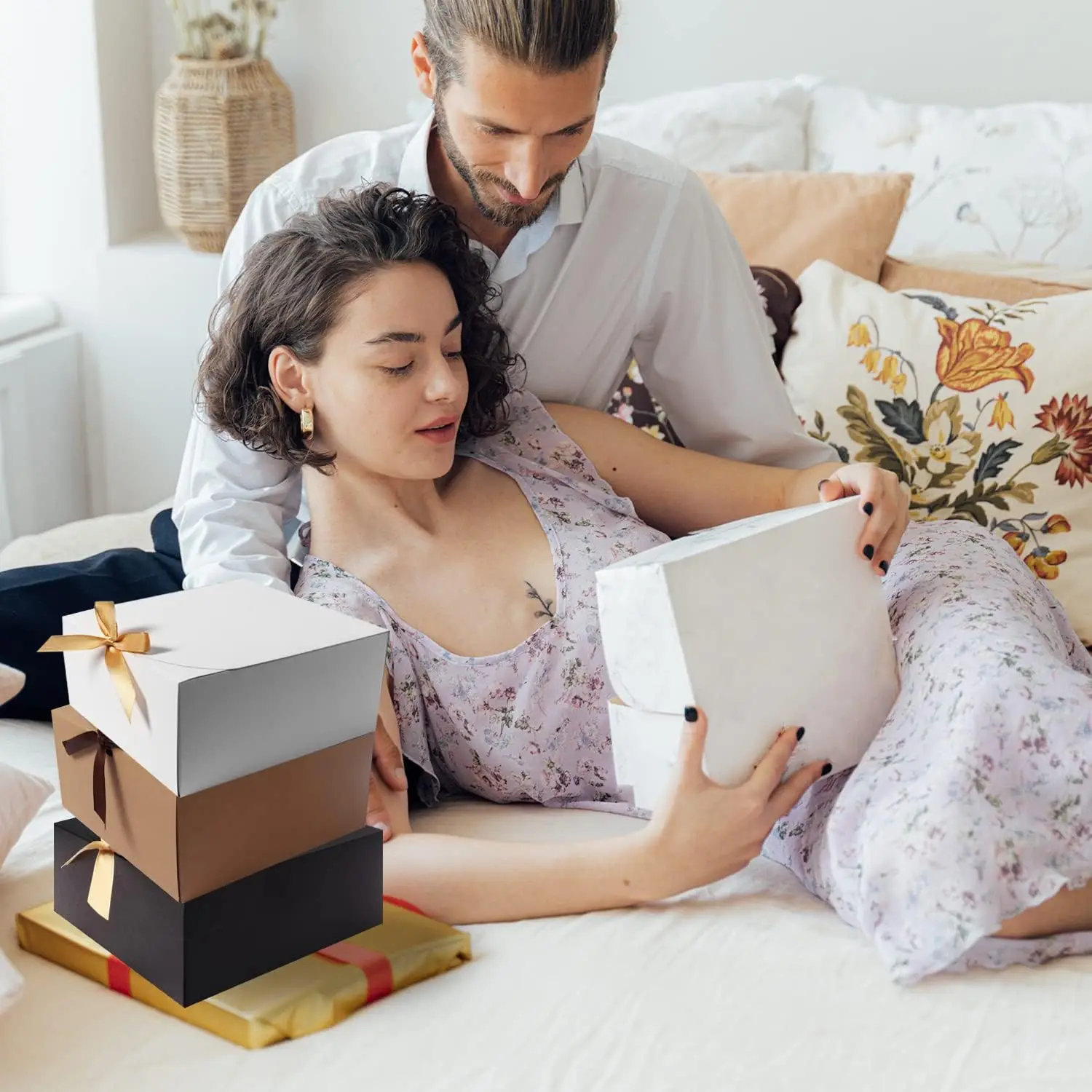 10/20 علب هدايا مع أغطية، علب هدايا بشرائط فيونكة، لصناديق ورق كرافت للهدايا، وتغليف الزفاف وأعياد الميلاد والمهرجانات