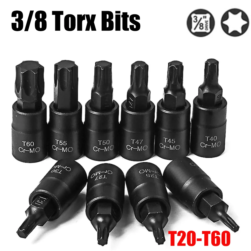 Pontas de Chave de Fenda Torx 3/8 polegadas, Ferramentas Manuais com Encaixe de 3/8 polegadas T20 T25 T27 T30 T40 T45 T47 T50 T55 T60