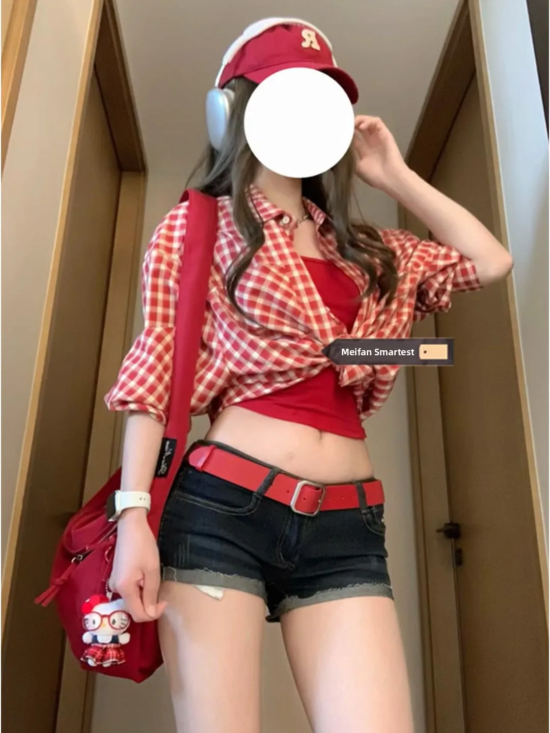 

American Style Red Plaid Shirt And Jeans Set Women's Summer Fashionable Sun Protection Outerwear Low Waist Shorts