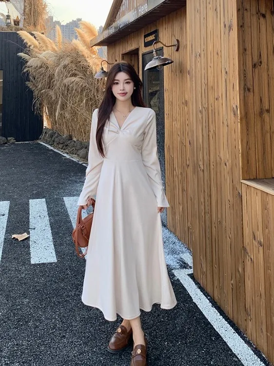 

plus Size Women's V-Ne Long Sve A-Line Dr Slimming Belly Covering High Waist Long Dr Commute Sle Autumn New Arrival
