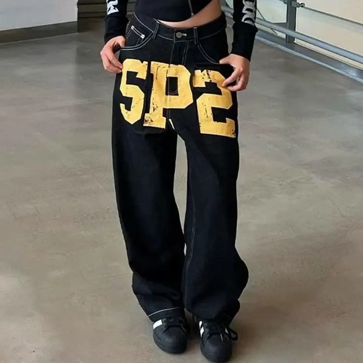بنطلون جينز نسائي أمريكي عتيق مطبوع عليه حروف قوطي أسود Y2k فضفاض من قماش الدنيم موضة الهيب هوب واسع الساق ملابس غير رسمية