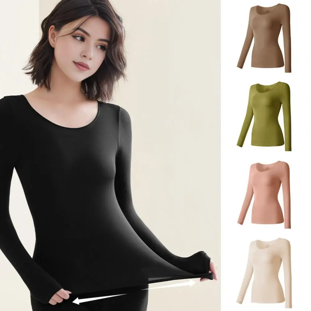 Women Thermal Tops Base Layer Tops Natural Feel Thermal Tops Women's Slim Fit Round Neck Long Sleeve Bottoming Top Underwear