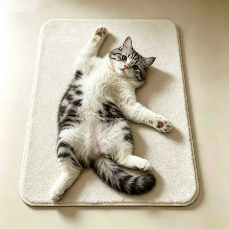 VIKAMA Tabby Cat Lying Mat, American Shorthair Cat Stretching Floor Mat, Realistic Cat Door Mat for Front Door, Pet Entrance Rug