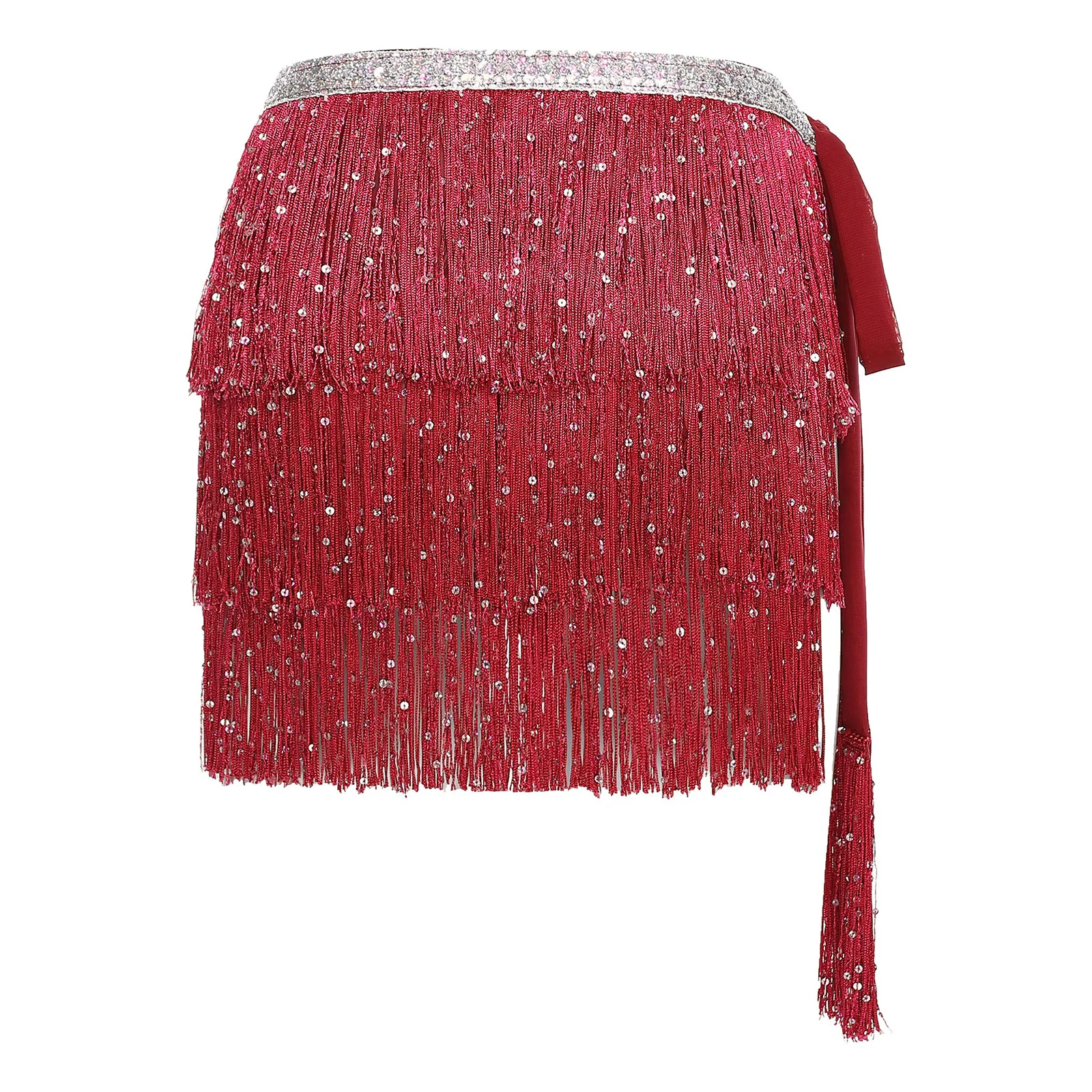 Women Belly Latin Cha-cha Jazz Dance Hip Scarf Waist Chain Sequin Tiered Tassel Lace-up Waist Skirt Hip Wrap Dancing Skirts