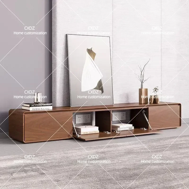 Modern Black TV Cabinet Floor to Ceiling Storage Unit with Drawers Hollow Back Design Flip Down Door for Living Room