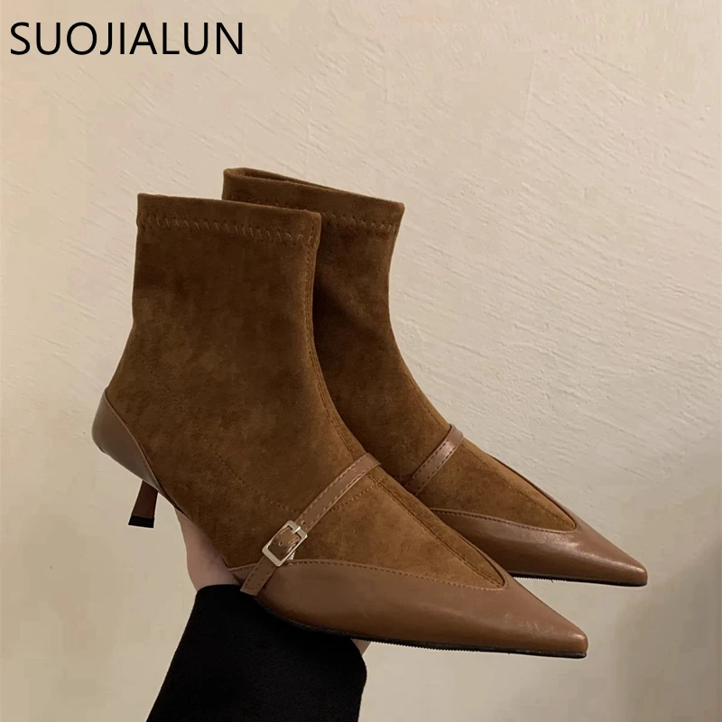 SUOJIALUN Winter New Brand Women Ankle Boots Fashion Pointed Toe Ladies Elegant Short Boots Shoes Thin High Heel Dress Pumps Sho