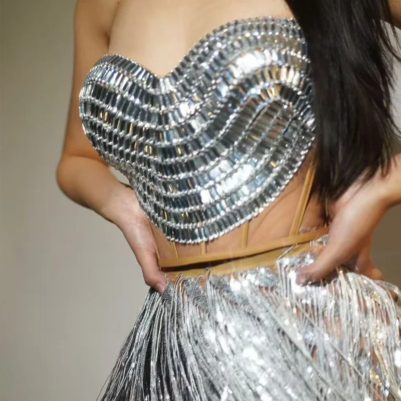 เพชรชุดผู้หญิงกลุ่มชุดประสิทธิภาพ Rhinestones กระโปรงบาร์ไนท์คลับ Dj Ds Gogo เครื่องแต่งกายเวที Rave สวมใส่