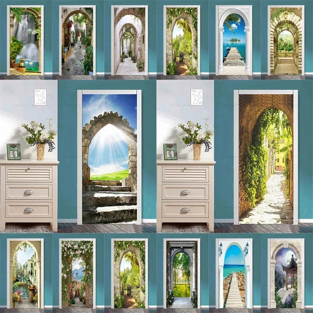 

Imitation Arch Door View Scenery Door Sticker Wallpaper Removable Home Decoration Green Plants Vine Archway Door Wrap Poster
