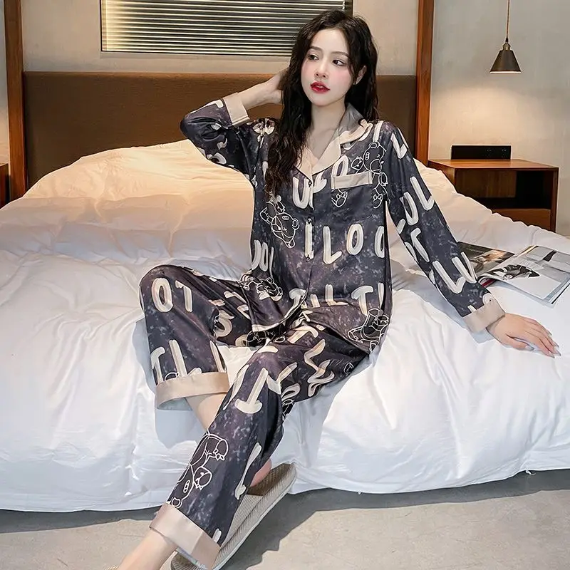 2024 Spring Autumn New Women Pajamas Female Ice Silk Long Sleeve Lapel Nightclothes Suit High Sense Cardigan Casual Homewear