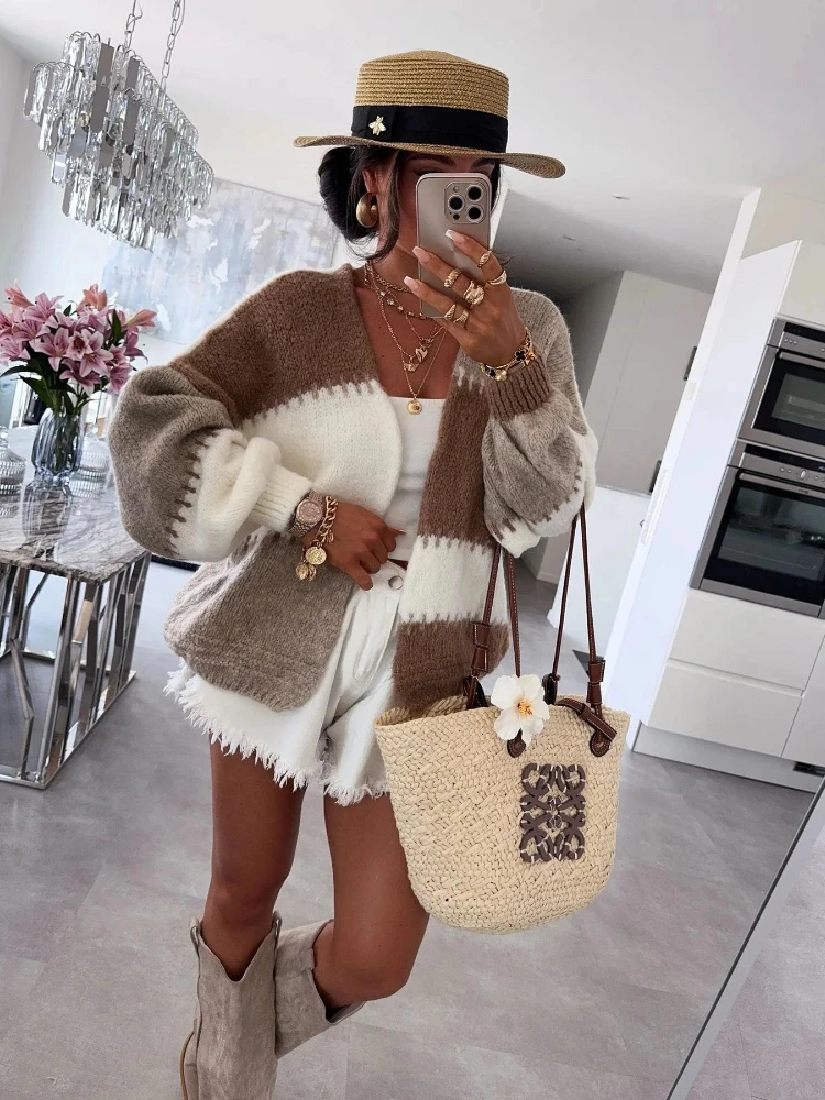 

Fashion V-neck Knitted Cardigan Women Elegant Full Sleeve Patchwork Loose Fit Casual Sweater Female Autumn Chic Holiday Cardigan