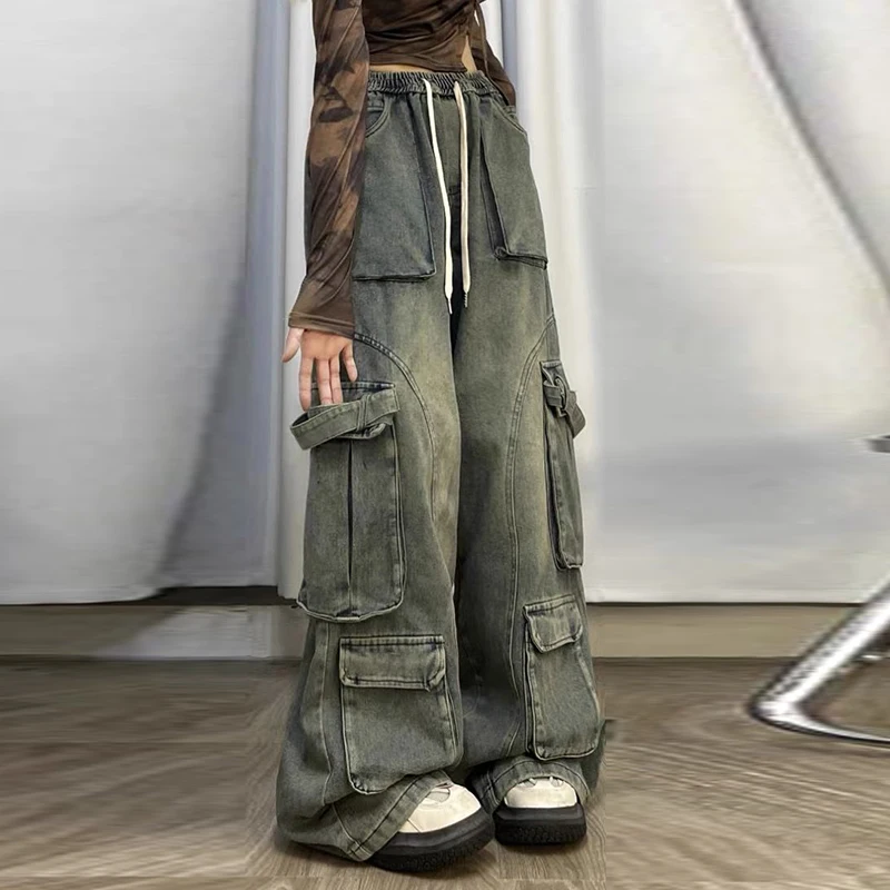 Elastic waist retro wide leg, flesh blocking straight tube, Haren loose fit, new washed denim work pants, female dad trend