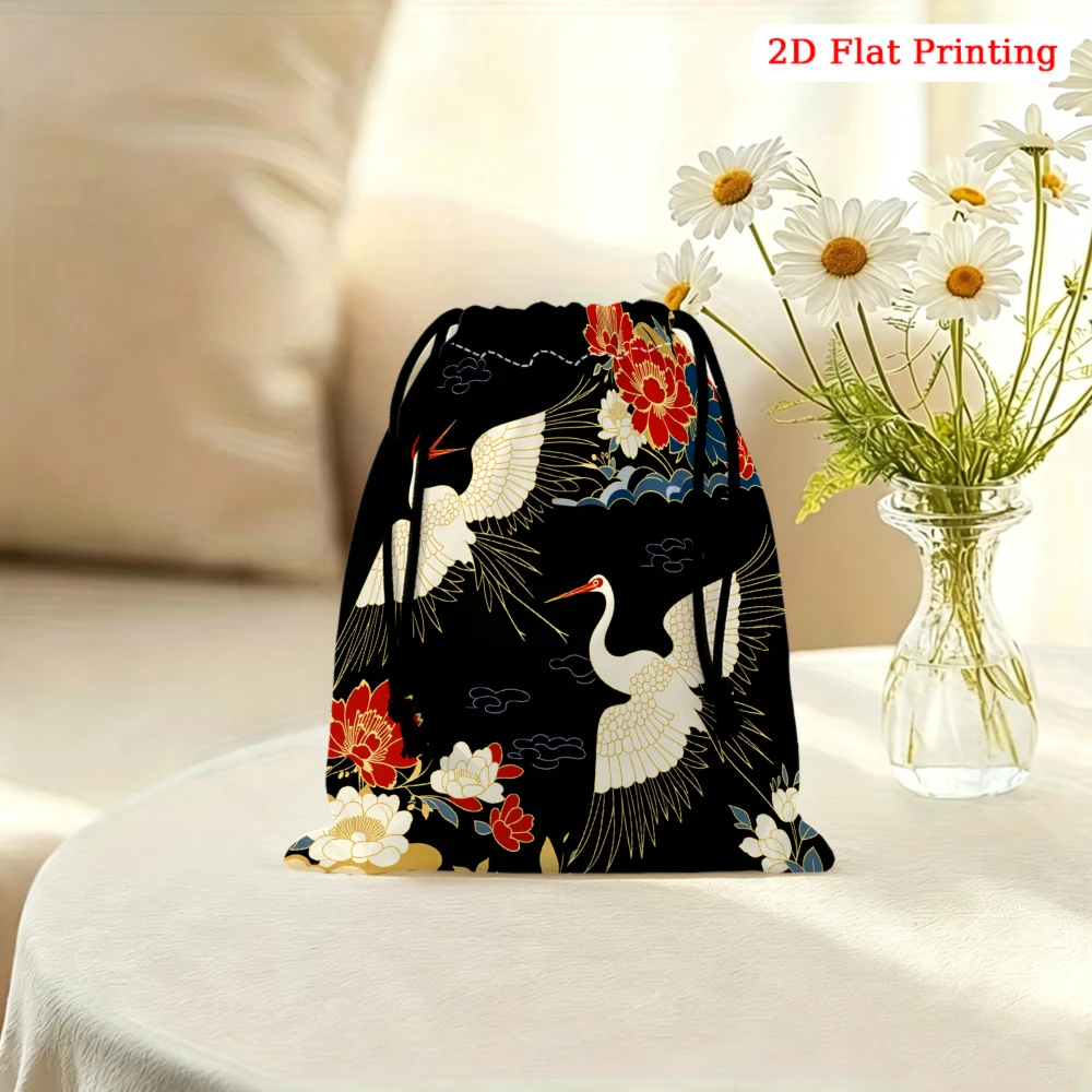 1pc Japanese Style Drawstring Bag Black Crane And Flower Print Storage Small Pouch For Glasses Cosmetics Travel Organizer Portab