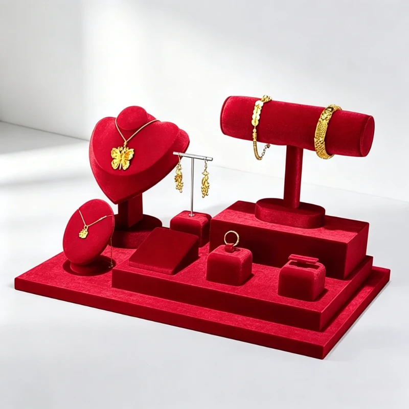 Premium Red Jewelry Display Stand Luxury Gold Jewellery Shop Counter Window Exhibition Props For Necklace Bracelet Ring Earrings