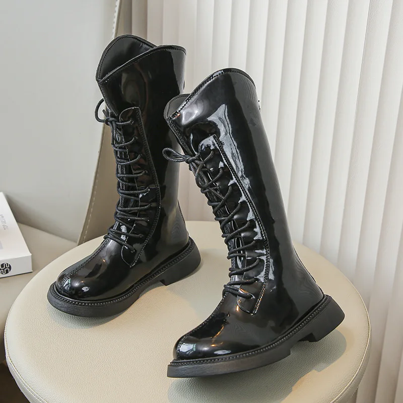 

Children's Black Patent Leather Knee-High Boots - Lace-Up Thick Sole Shiny Finish Fashionable Footwear Kids Shoes for Girl 26-37