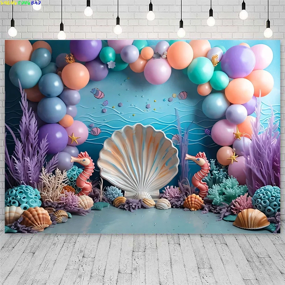 Photography Background Little Mermaid Shell Balloon Princess Birthday Cake Smash Portrait Decor Backdrop Photo Studio