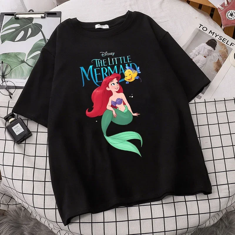 Fashion Cartoon Women T-shirt Cute Little Mermaid Print Short Sleeve T Shirt Kawaii Casual Round Neck Tee Unisex Clothes Top